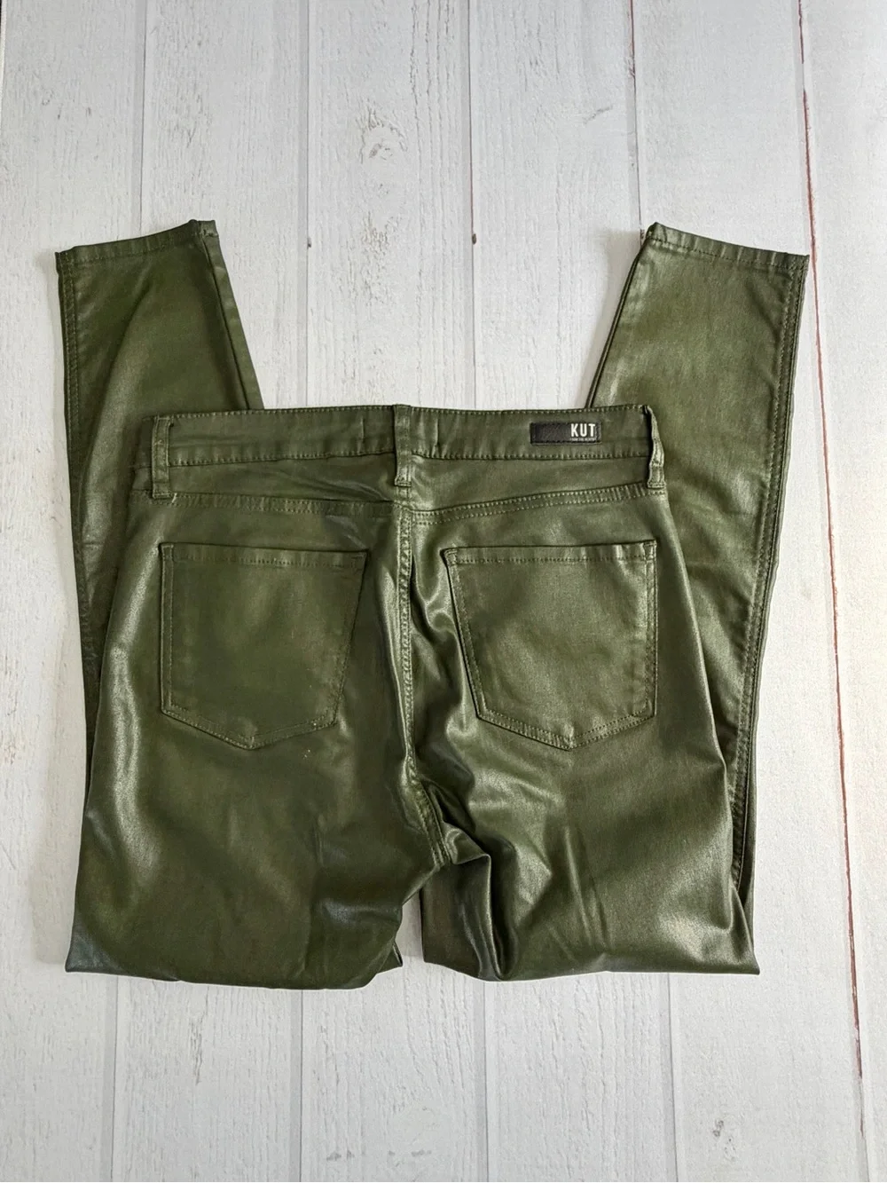 KUT From The Kloth Olive Green Faux Leather Coated Skinny Pants Size 6 - Picture 8 of 11